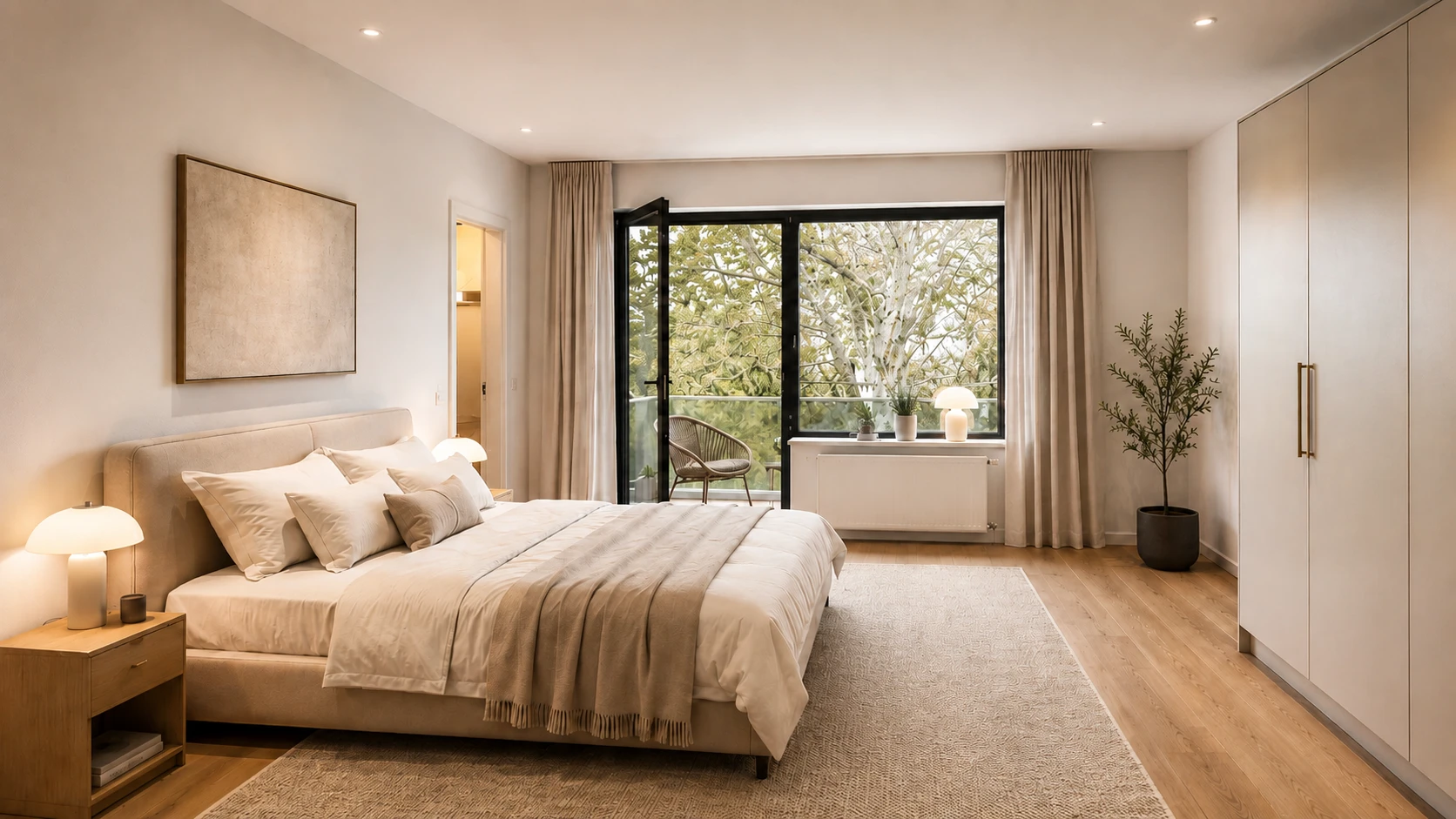 Schlafzimmer in Beigetönen: Doppelbett mit Kissen und zwei Nachttischleuchten, darüber ein großformatiges Bild; rechts eine bodentiefe Fenstertür zum Balkon mit Blick ins Grüne, daneben ein Einbauschrank, Dielenboden.