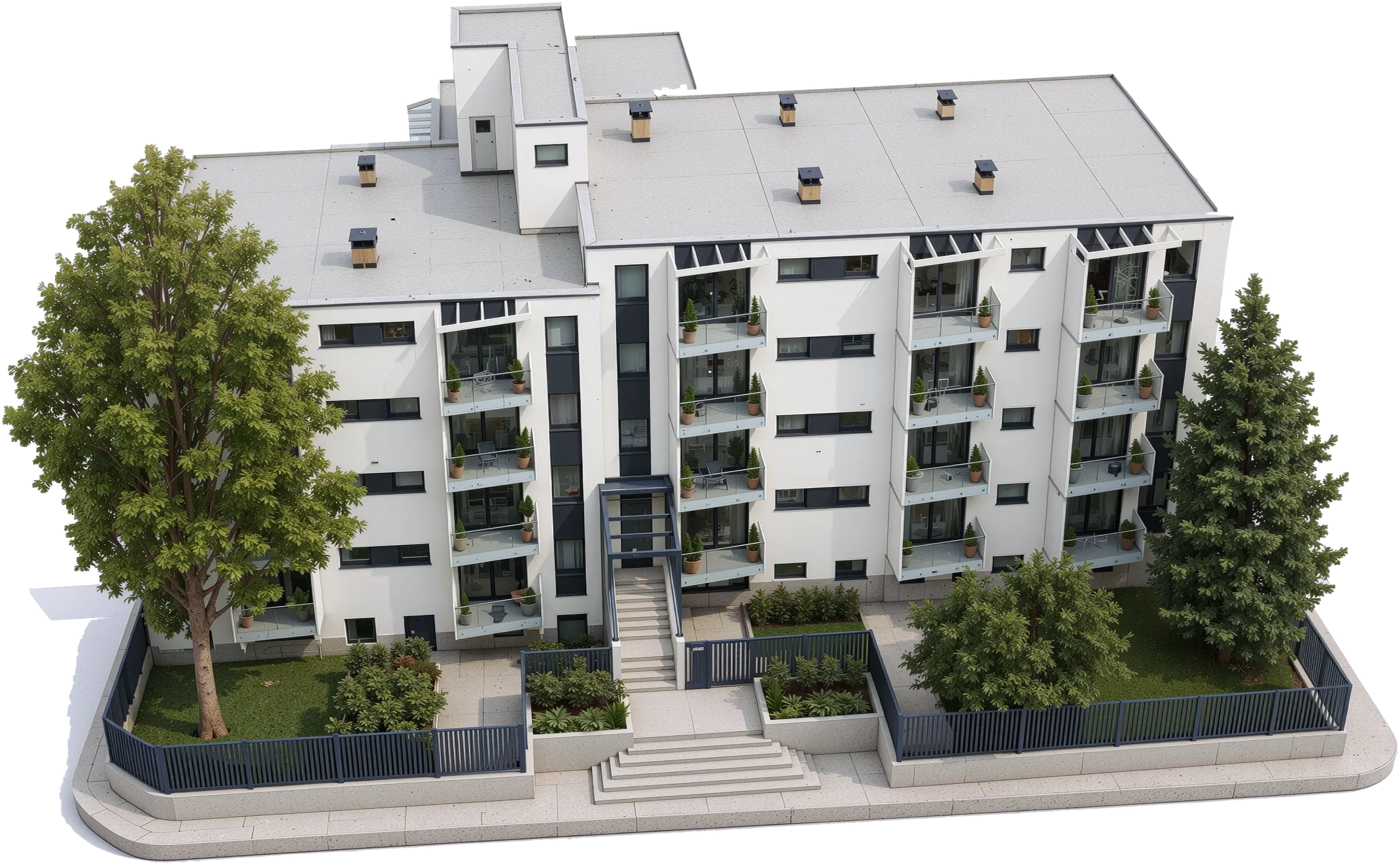 Freigestellte Ansicht des Wohnhauses SOUTH25 in Frankfurt-Sachsenhausen mit Vorgarten und Balkonen