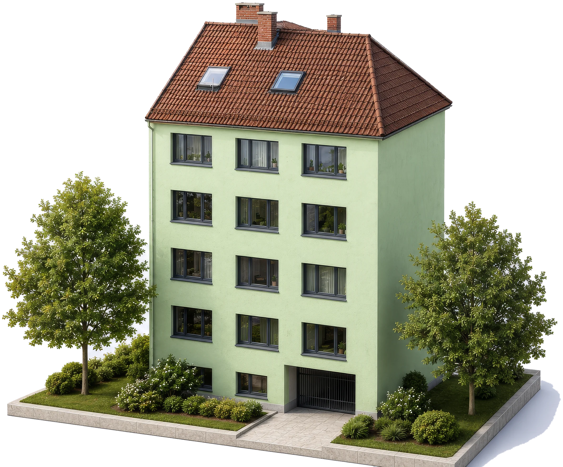 Freigestellte Ansicht des Wohnhauses GREEN FOUR in Frankfurt-Nordend mit hellgrüner Fassade, rotem Walmdach und Bäumen am Vorgarten