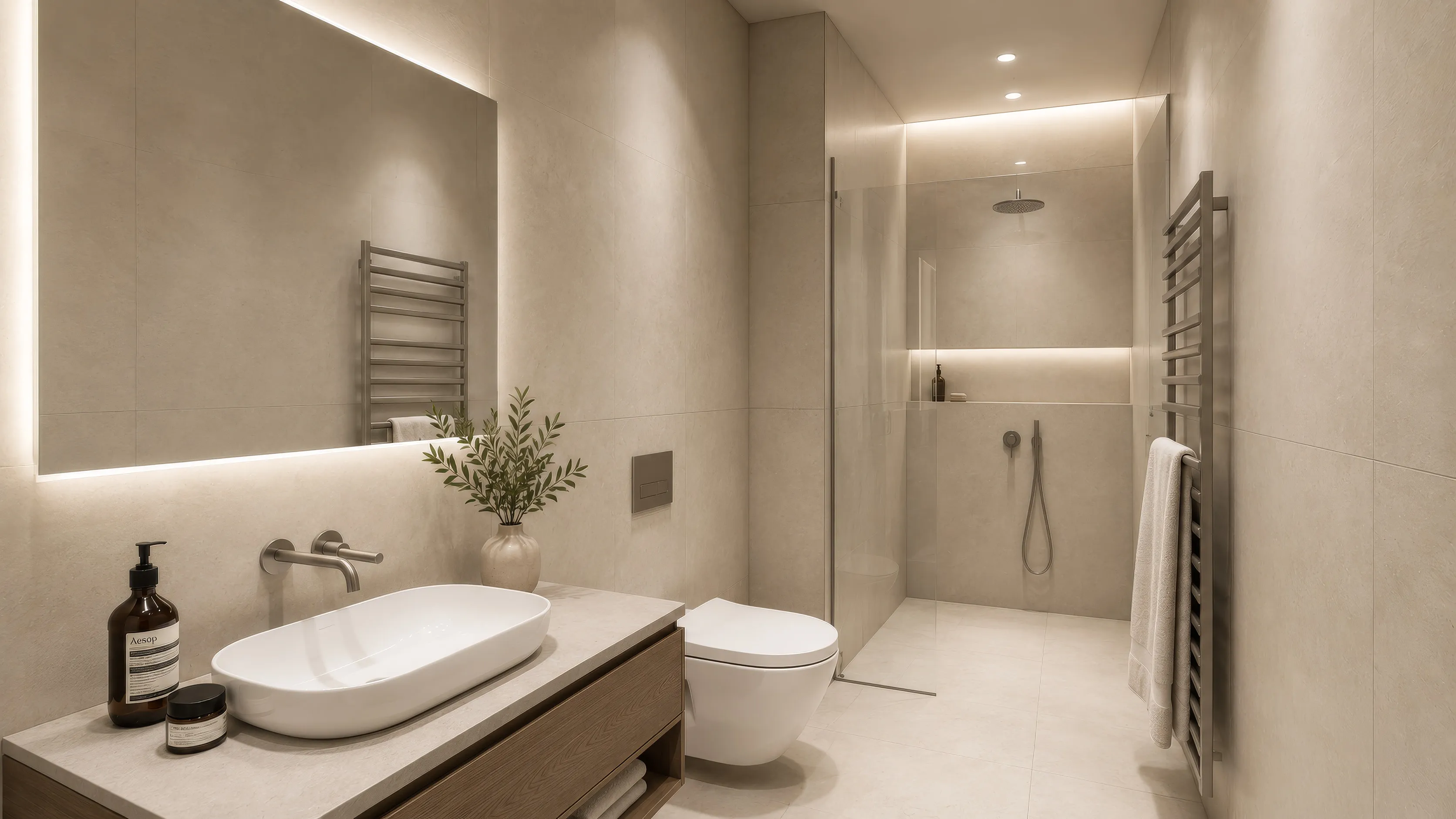 Badezimmer im Projekt CROWN 78: beigefarbene Großformatfliesen, breiter Waschtisch aus Holz mit ovalem Aufsatzbecken, Wandarmatur und beleuchtetem Spiegel, daneben ein wandhängendes WC; rechts eine bodengleiche Dusche mit Regenbrause hinter Glas, links und rechts je ein Handtuchheizkörper.