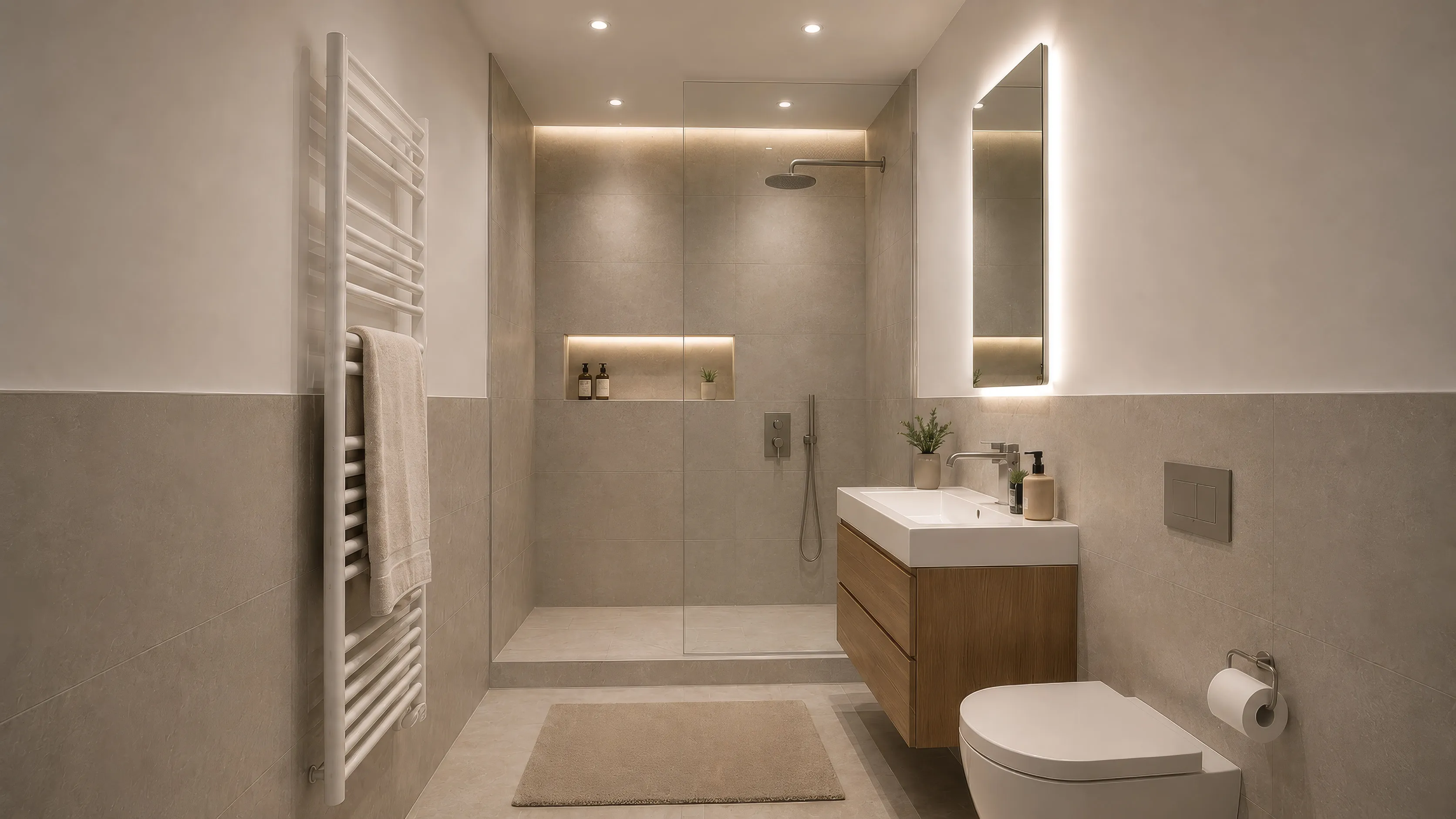 Badezimmer im Projekt GREEN FOUR: bodengleiche Dusche hinter einer Glasabtrennung mit Regenbrause und beleuchteter Wandnische, graubeige Großformatfliesen im unteren Wandbereich; links ein weißer Handtuchheizkörper mit Handtuch, rechts ein Waschtisch aus Holz mit beleuchtetem Spiegel und ein wandhängendes WC, davor eine helle Badematte.