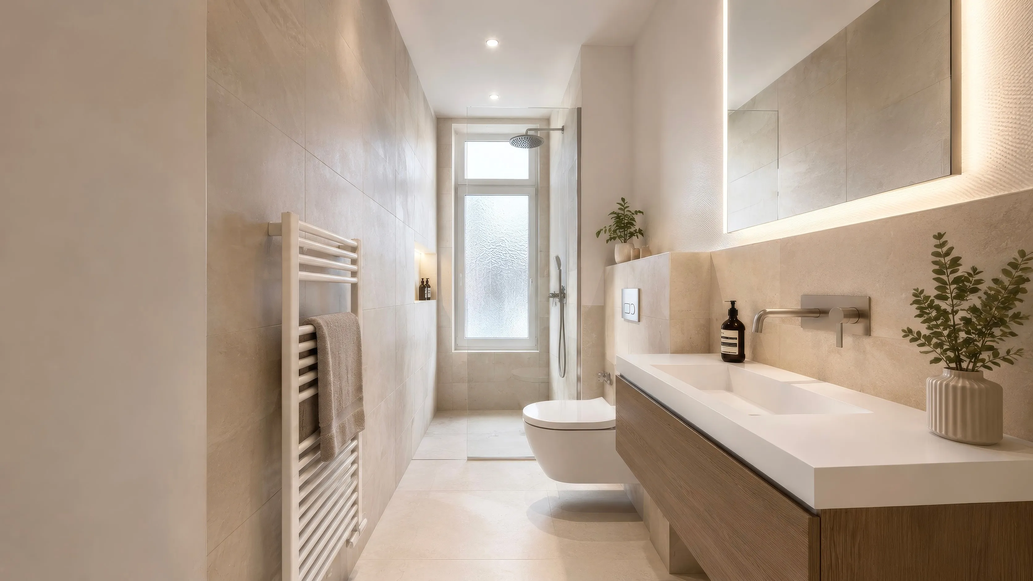 Badezimmer im Projekt BACKYARD 24: helle Großformatfliesen, rechts ein langer Waschtisch aus Holz mit Aufsatzbecken, Wandarmatur und beleuchtetem Spiegelband; links ein weißer Handtuchheizkörper, am Ende eine bodengleiche Dusche mit Regenbrause hinter Glas vor einem Fenster mit Milchglas, davor ein wandhängendes WC.