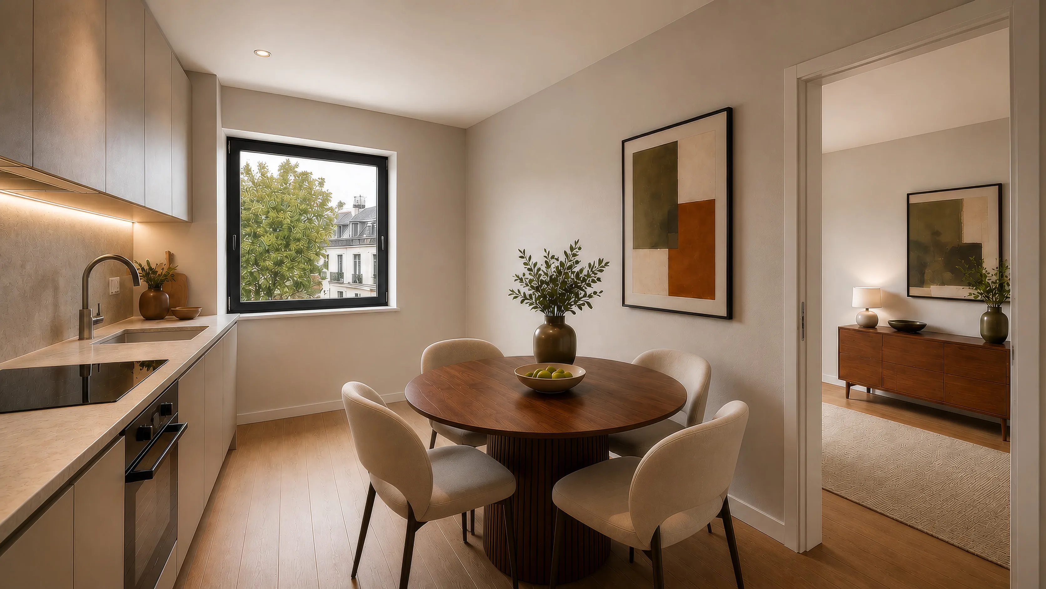 Küche einer Wohnung im Projekt SOUTH25: helle grifflose Zeile über Eck mit indirektem Licht unter den Oberschränken, schwarzer Armatur, Kochfeld und eingebautem Backofen, daneben ein Fenster ins Grüne; rechts ein runder Esstisch aus dunklem Holz mit drei hellen Polsterstühlen, dahinter der offene Durchgang ins Nachbarzimmer.