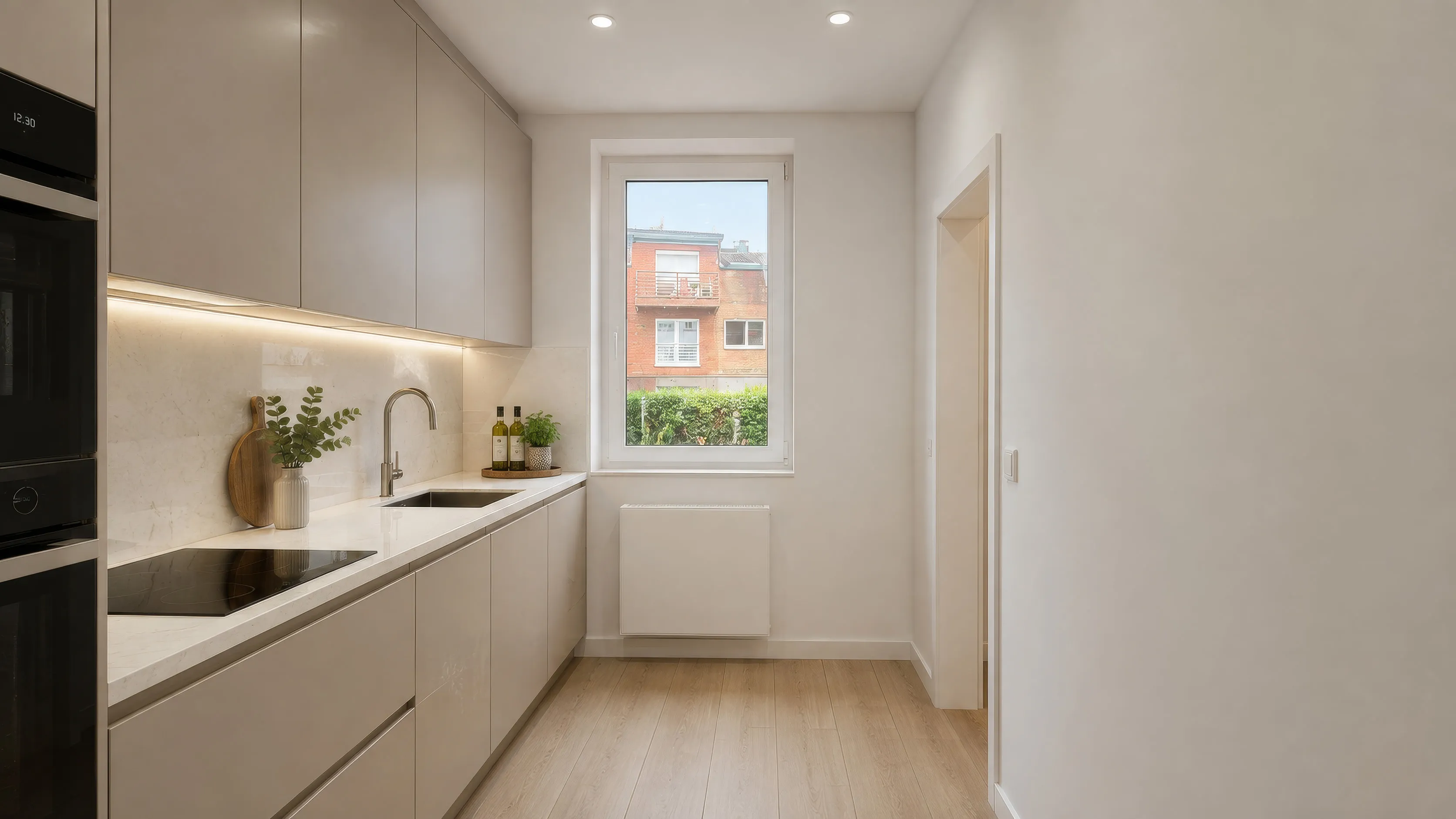 Küche einer Wohnung im Projekt N°36: schmale helle grifflose Zeile an der linken Wand mit indirektem Licht unter den Oberschränken, Spüle, Kochfeld und eingebautem Backofen; am Ende des Raums ein Fenster mit Blick ins Grüne, rechts eine Tür, Dielenboden in heller Eichenoptik.