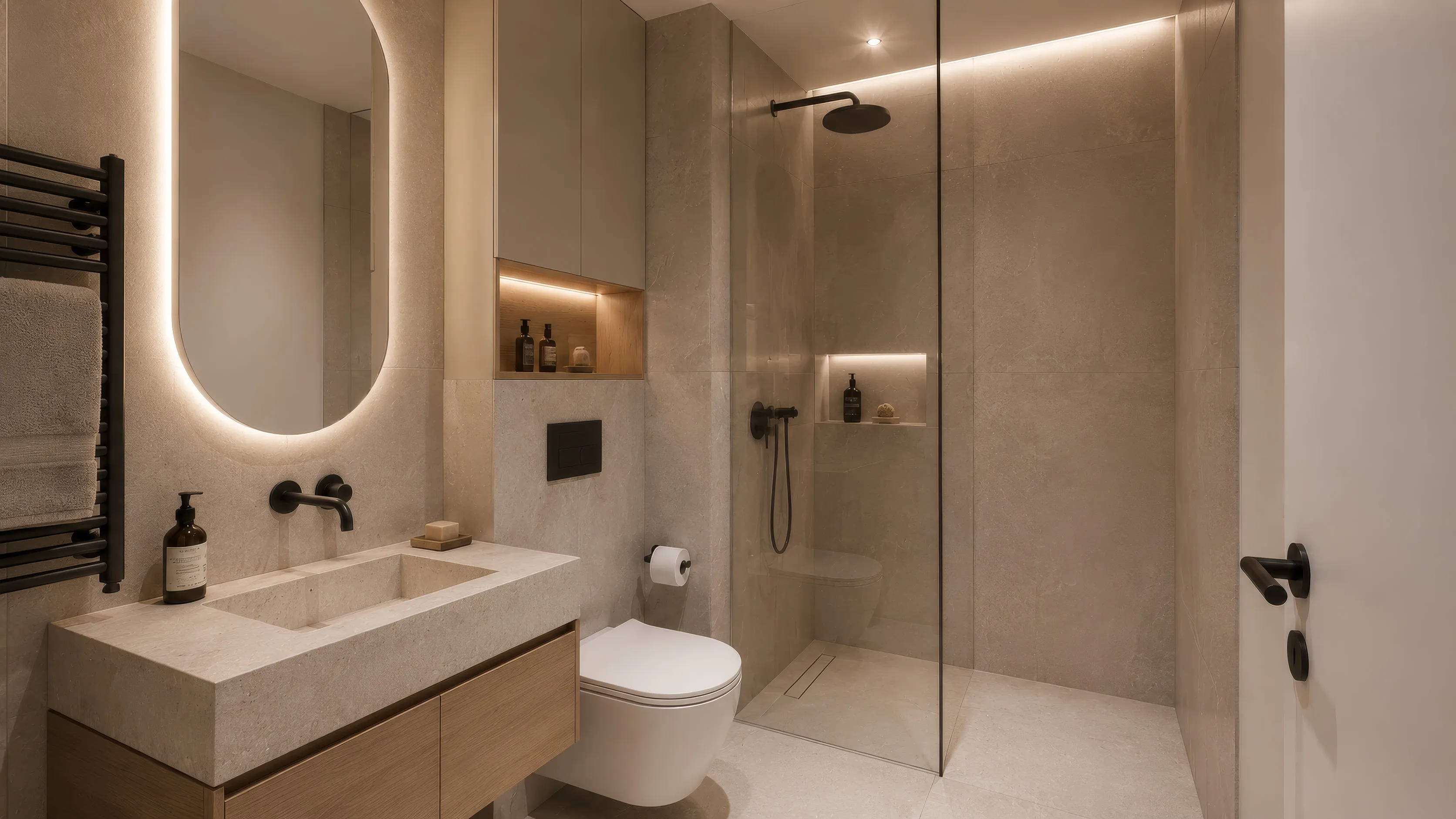 Badezimmer einer Neubauwohnung im Projekt ENSEMBLE 27: beigefarbene Großformatfliesen, langer Waschtisch aus Holz mit Aufsatzbecken, schwarzer Wandarmatur und ovalem beleuchtetem Spiegel, daneben ein schwarzer Handtuchheizkörper und ein wandhängendes WC; rechts eine bodengleiche Dusche hinter Glas mit Regenbrause und beleuchteter Wandnische.