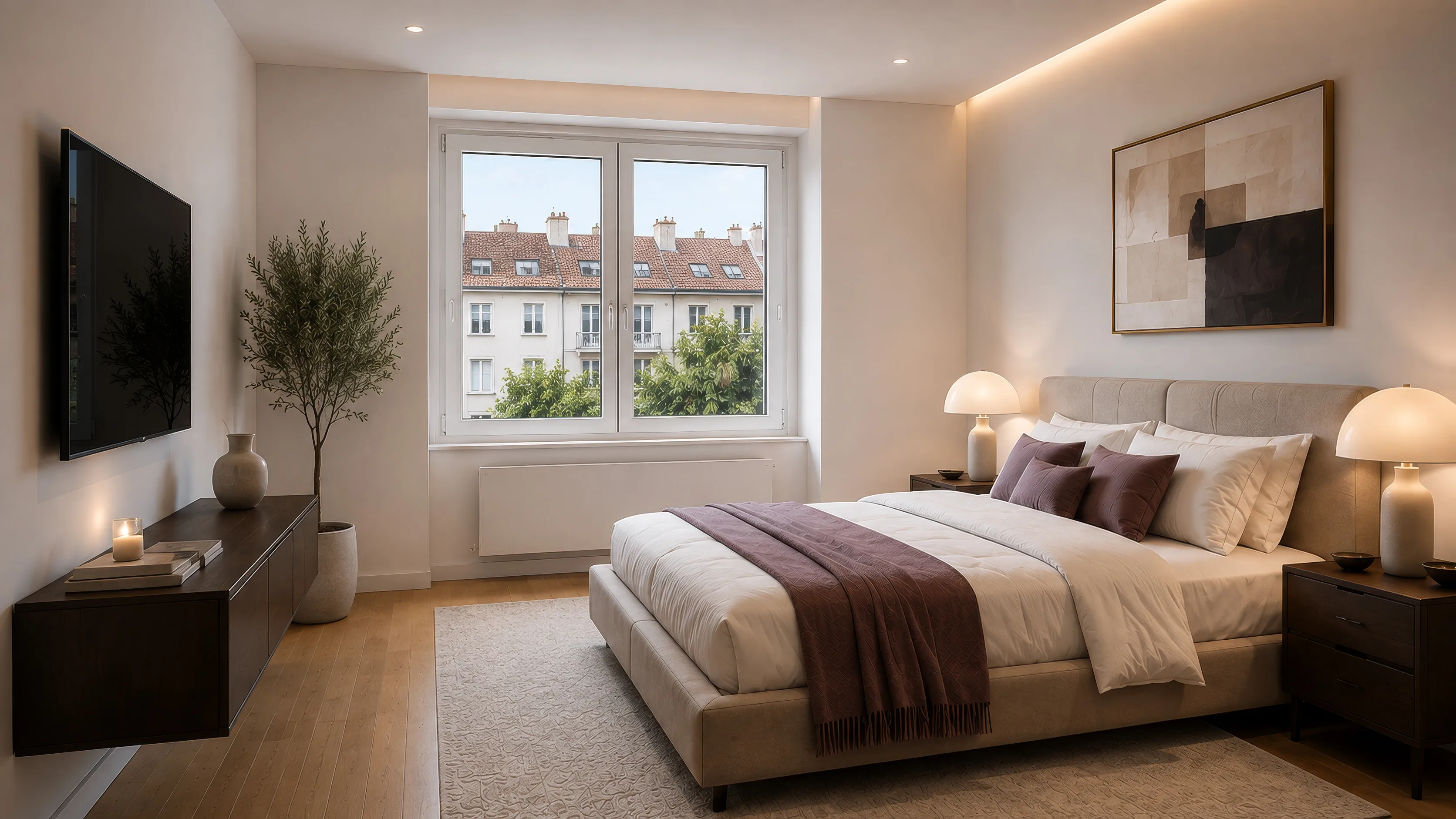 Schlafzimmer im Projekt ENSEMBLE 27: Doppelbett mit hellem Polsterkopfteil und auberginefarbener Decke, zwei Nachttische mit Tischleuchten; links ein dunkles Lowboard mit Fernseher und ein Olivenbäumchen im Topf, am Fenster der Blick über die Dächer der Nachbarhäuser, heller Teppich auf Dielenboden.