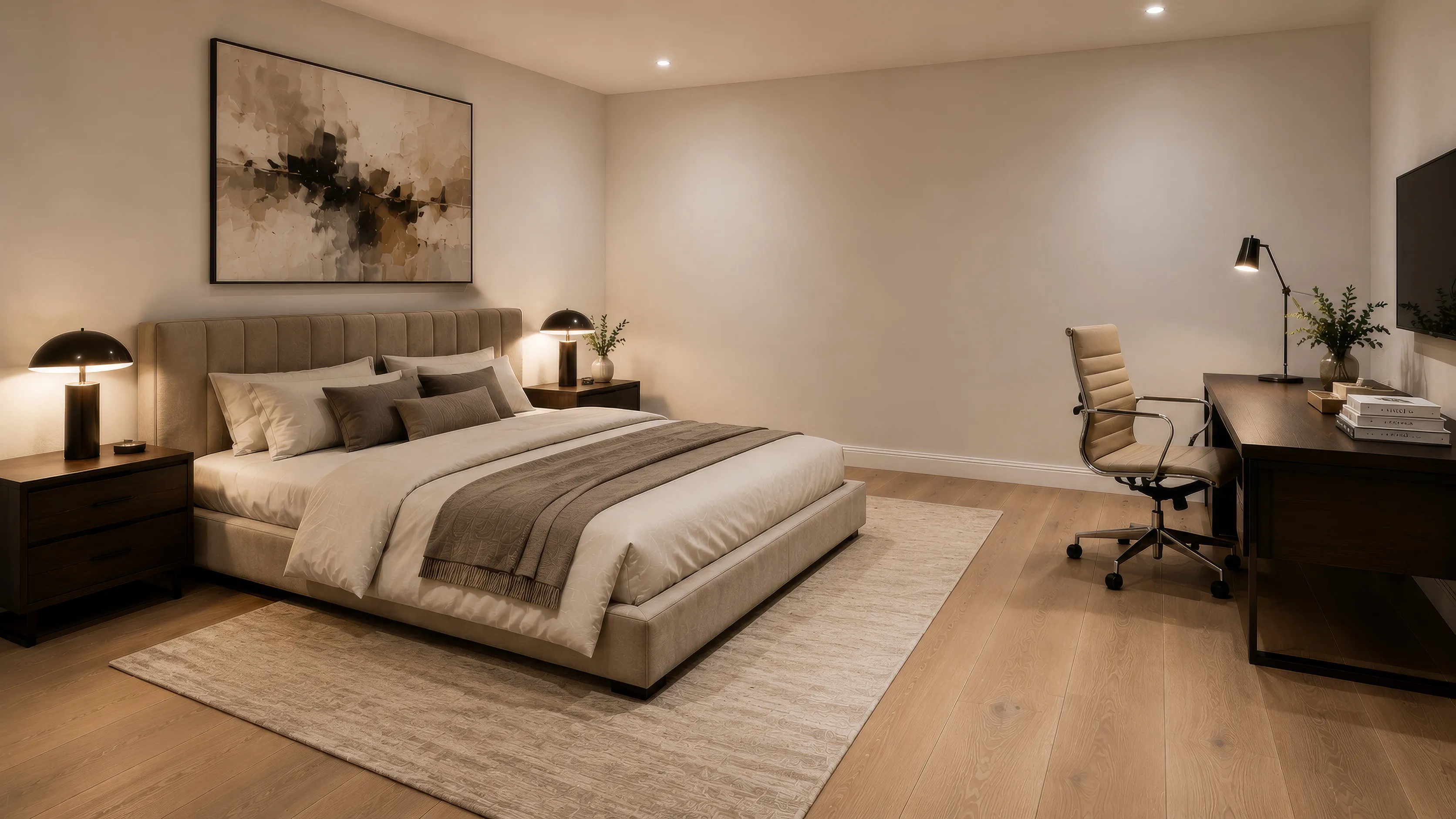 Schlafzimmer im Projekt CROWN 78: Doppelbett mit hellem Polsterkopfteil und graubrauner Decke, zwei Nachttische mit Pilzleuchten, darüber ein großformatiges Bild in Braun- und Sandtönen; rechts ein dunkler Schreibtisch mit Bürostuhl und Leuchte, heller Teppich auf Dielenboden.