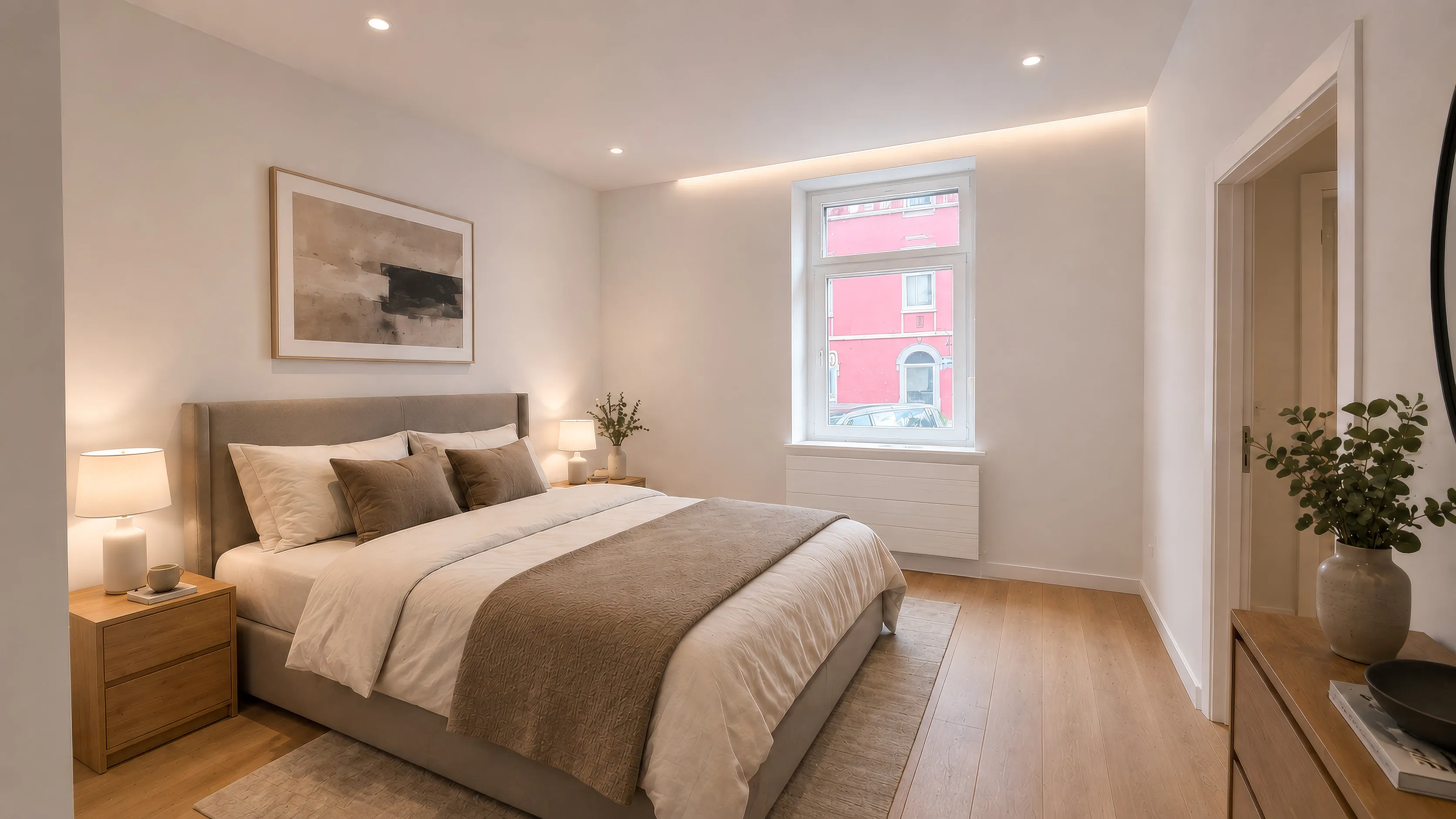 Schlafzimmer im Projekt N°36: Doppelbett mit hellem Polsterkopfteil und beiger Tagesdecke, links ein Nachttisch aus hellem Holz mit Tischleuchte, darüber ein gerahmtes Bild in Sandtönen; rechts der offene Durchgang mit einer Kommode und einem hohen Spiegel, am Fenster der Blick auf die Fassade des Nachbarhauses, Dielenboden in Eichenoptik.