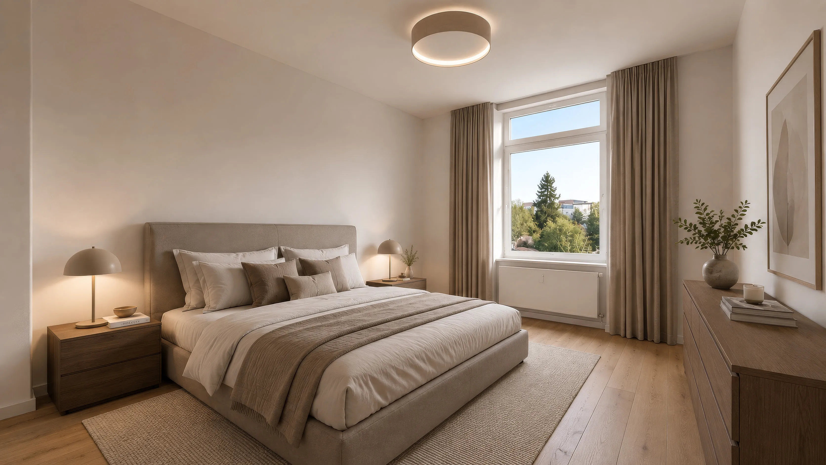 Schlafzimmer im Projekt BACKYARD 24: Doppelbett mit hellem Polsterkopfteil und beiger Decke, zwei Nachttische mit Tischleuchten, darüber eine runde Deckenleuchte; rechts eine dunkle Kommode mit gerahmtem Bild darüber, daneben ein Fenster mit langen Vorhängen und Blick ins Grüne, heller Teppich auf Dielenboden.