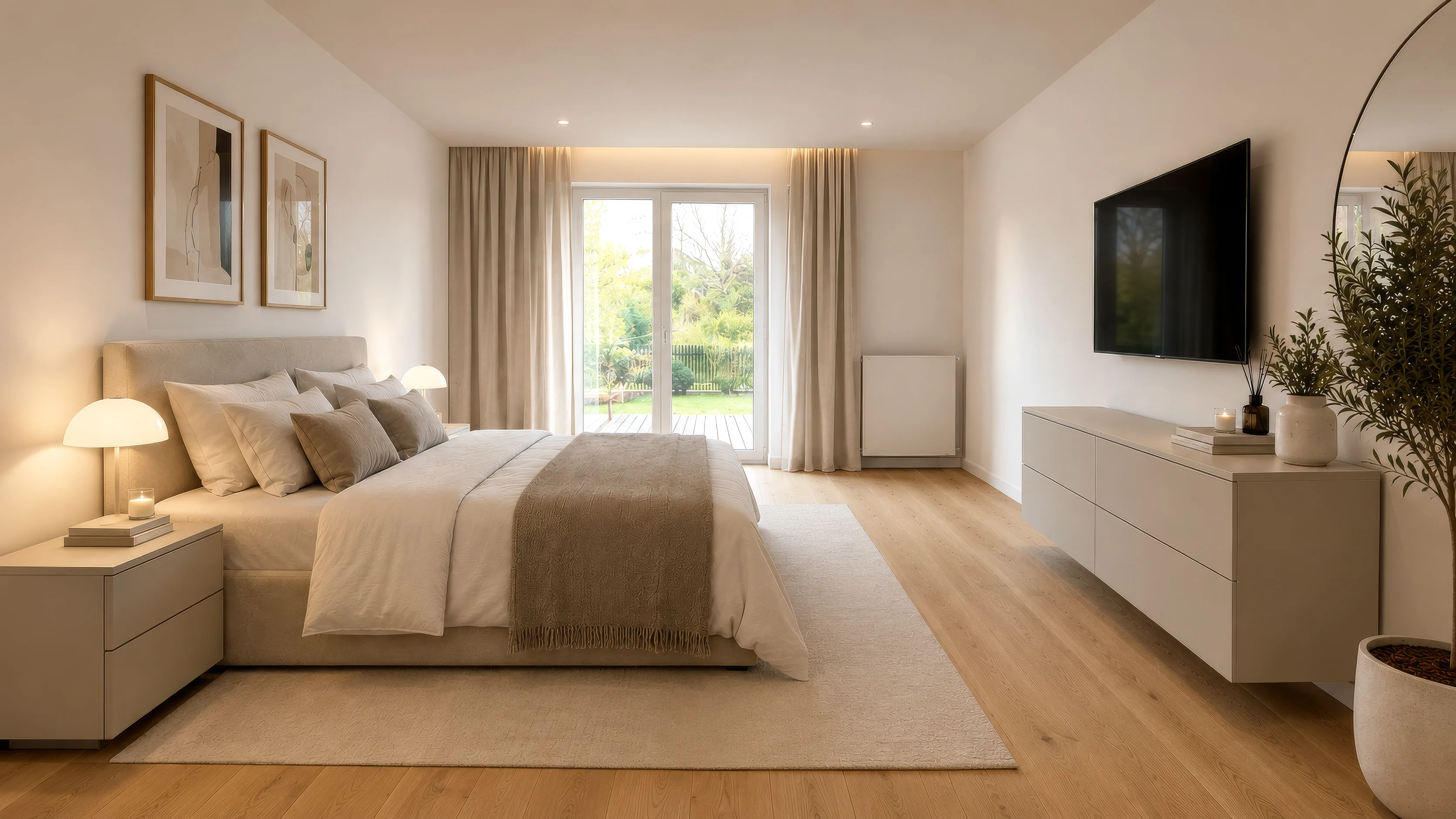 Schlafzimmer im Projekt BACKYARD 24: Doppelbett mit hellem Kopfteil und beiger Decke unter zwei gerahmten Bildern, zwei Nachttische mit Tischleuchten; rechts eine helle Kommode mit Fernseher darüber und ein Olivenbäumchen im Topf, dahinter eine Terrassentür in den Garten, heller Teppich auf Dielenboden.