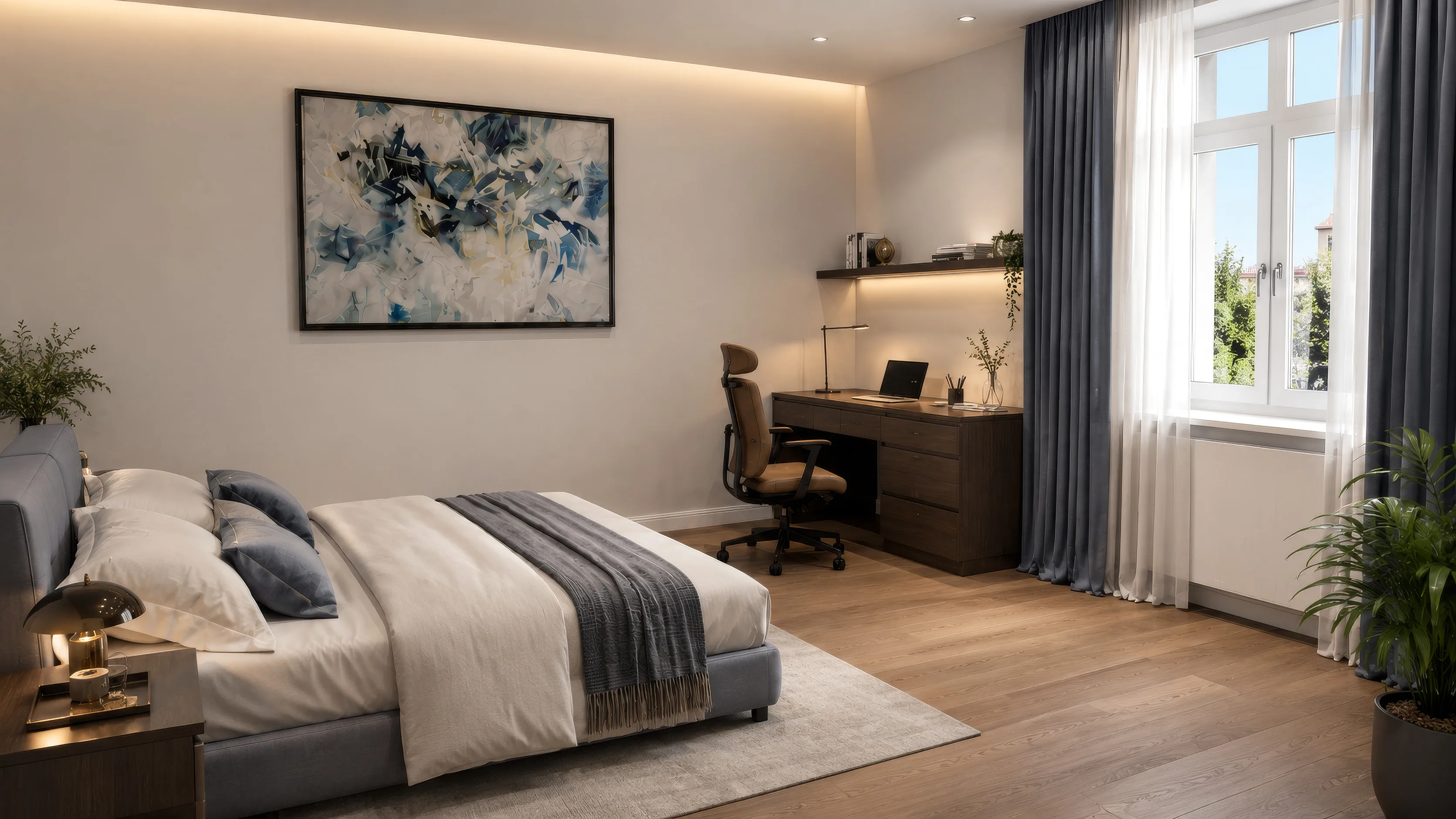 Schlafzimmer im Projekt CROWN 78: Doppelbett mit blauen und hellen Kissen und grauer Decke unter einem großformatigen Bild in Blau- und Sandtönen; rechts ein dunkler Schreibtisch mit Bürostuhl und Laptop, daneben ein hohes Fenster mit dunkelblauem Vorhang, links eine Zimmerpflanze, Dielenboden.