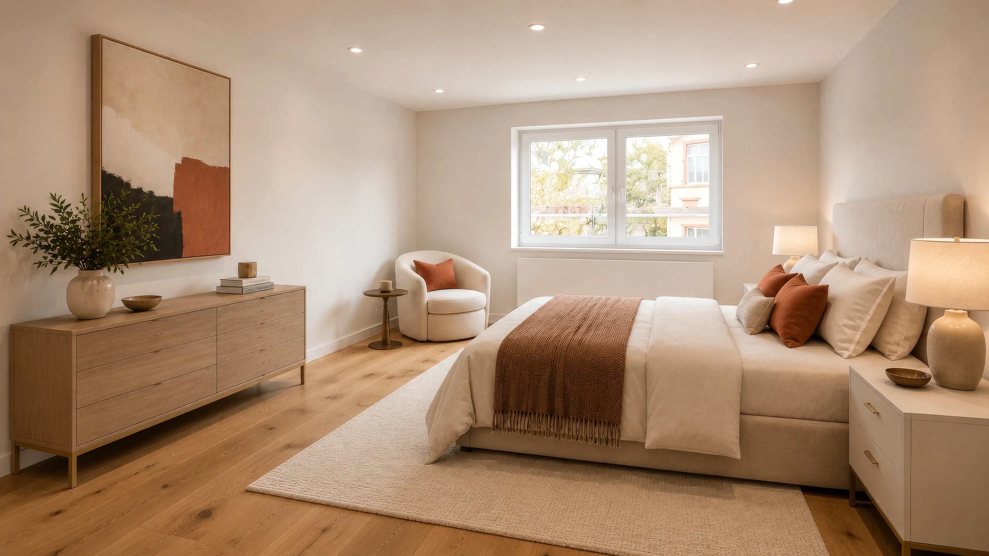Schlafzimmer im Projekt GREEN FOUR: Doppelbett mit hohem hellem Polsterkopfteil, Kissen in Creme und Terrakotta und rostbrauner Decke, rechts und links Nachttische mit Tischleuchten; an der linken Wand eine lange helle Kommode mit großformatigem Bild darüber, am Fenster ein heller Rundsessel, heller Teppich auf Dielenboden.