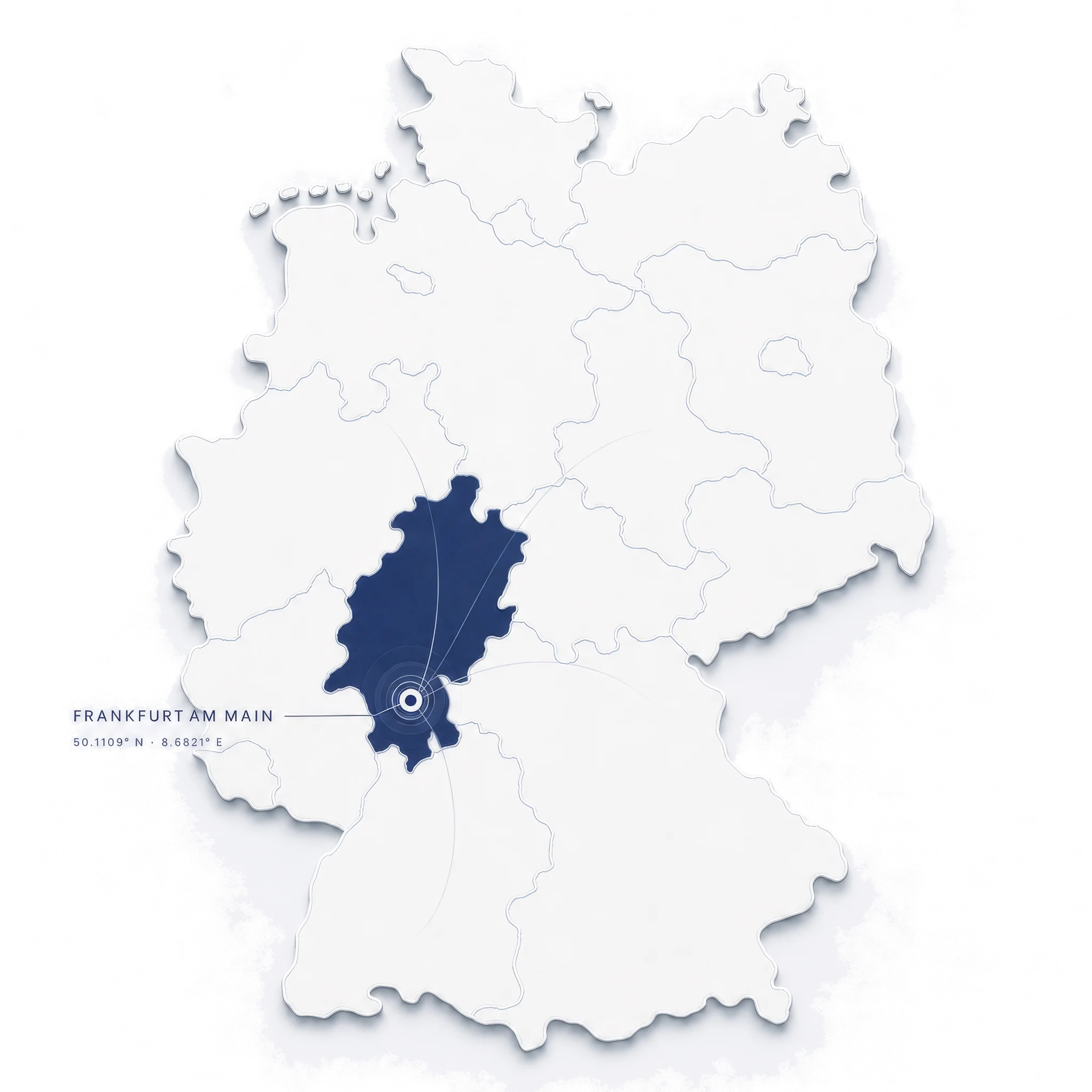 Reliefkarte von Deutschland: Hessen ist in Navy hervorgehoben, ein Punkt markiert Frankfurt am Main mit den Koordinaten 50.1109° N, 8.6821° E.