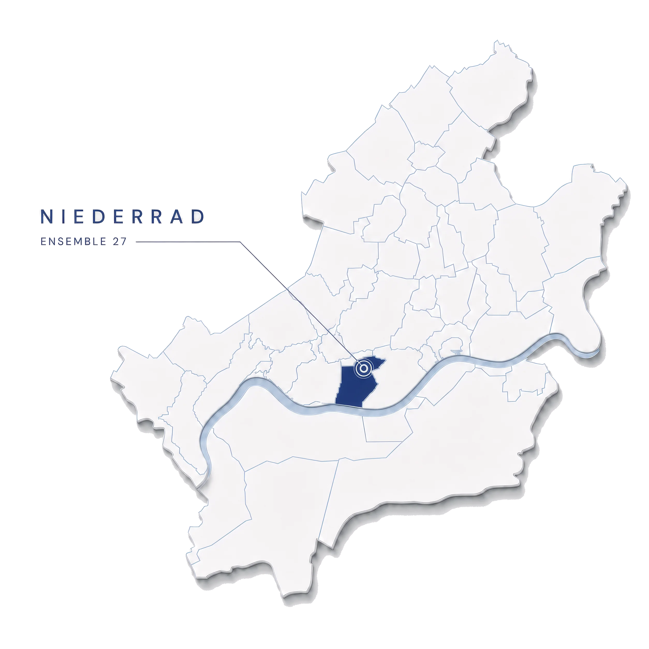 Reliefkarte der Frankfurter Stadtteile beiderseits des Mains; Niederrad ist in Navy hervorgehoben und mit einem Punkt markiert. Die Beschriftung daneben lautet „NIEDERRAD“ und darunter „ENSEMBLE 27“.