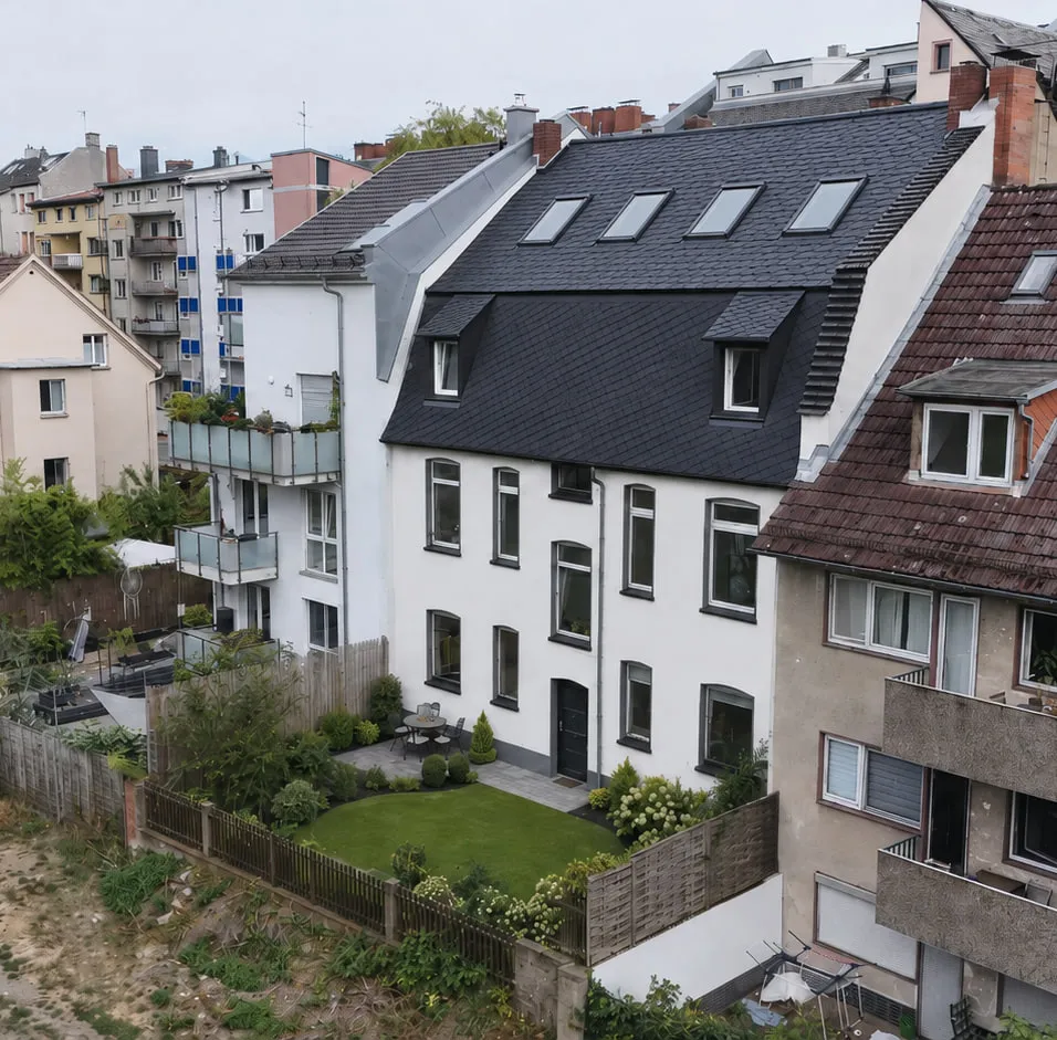 BACKYARD 24 von der Gartenseite, schräg von links aus der Luft: das weiße Haus mit dunklem Schieferdach über dem Rasen, dahinter die Dächer des Viertels.